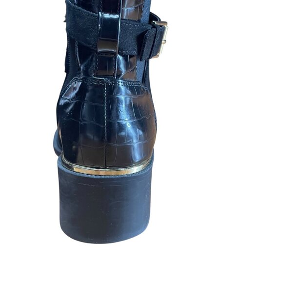 Black Faux Suede & Croc-Embossed Ankle Boots With Gold Accents  Size 7,5 M - Picture 6 of 13